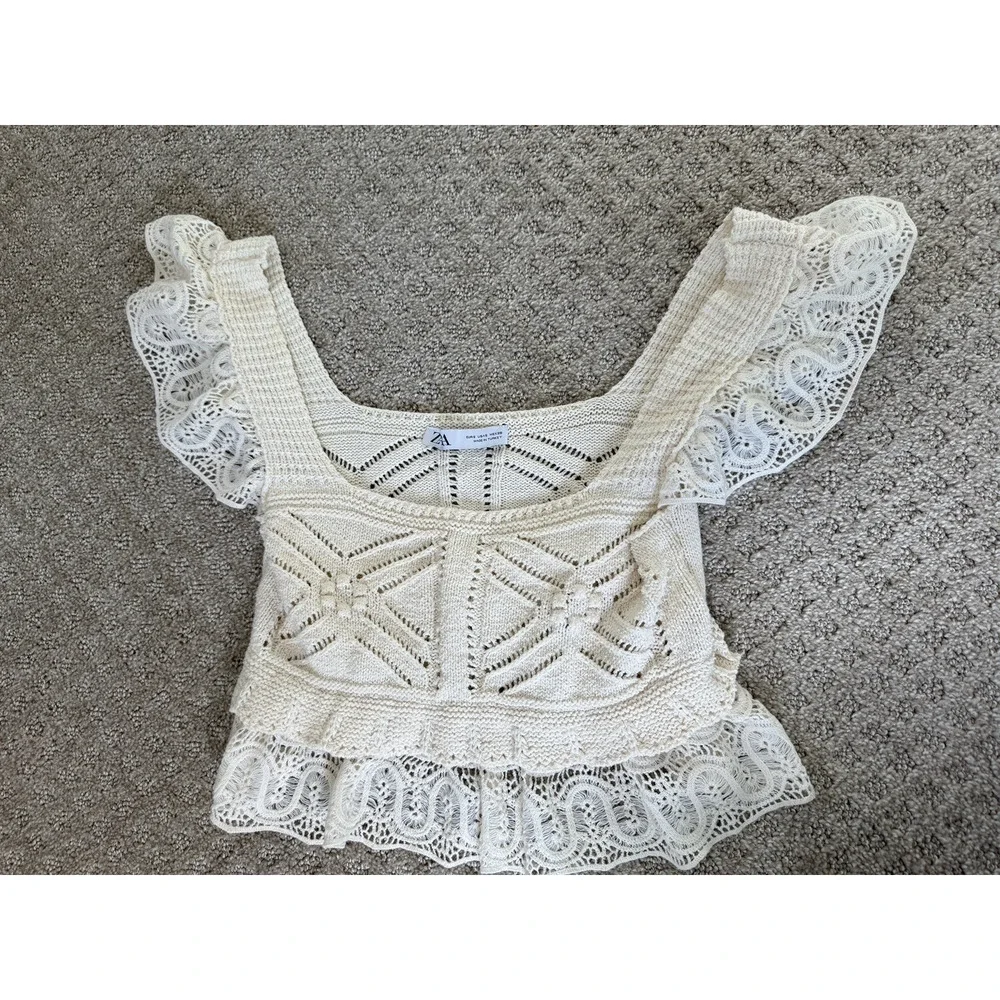 Zara Cream Crochet Tank Size Small Ruffle Sleeve Peplum Crop Style Cream Ivory